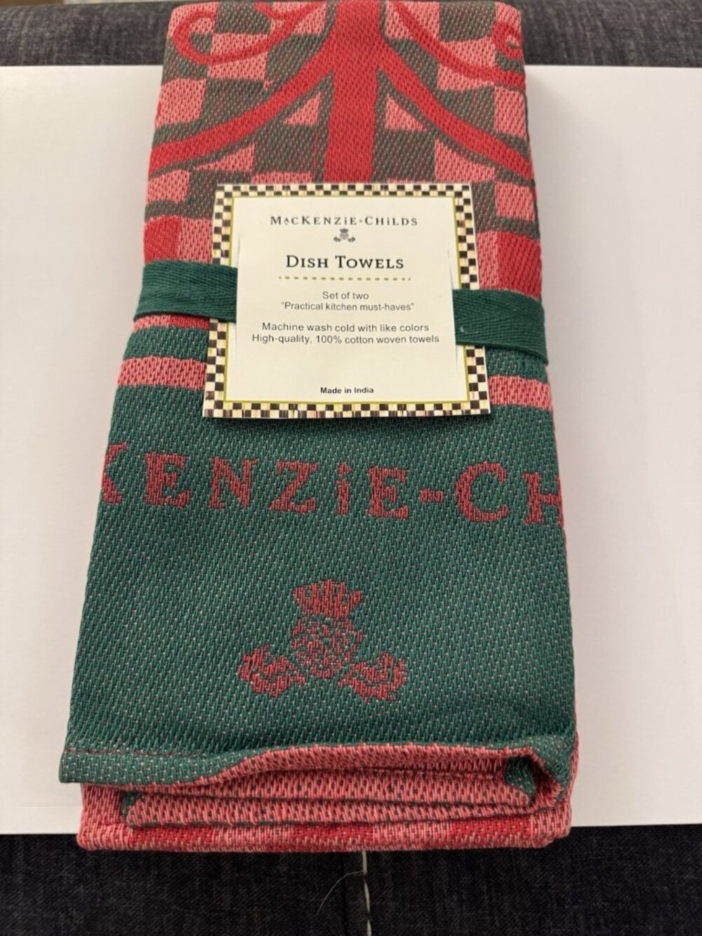 MacKenzie Childs Red Green Check Tree Holiday Cotton Hand Towel 2 Pack New EB1